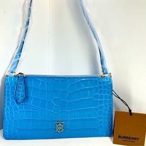 NEW Burberry TB Logo, Croc Embossed Leather Shoulder Pouch - Cornflower Blue